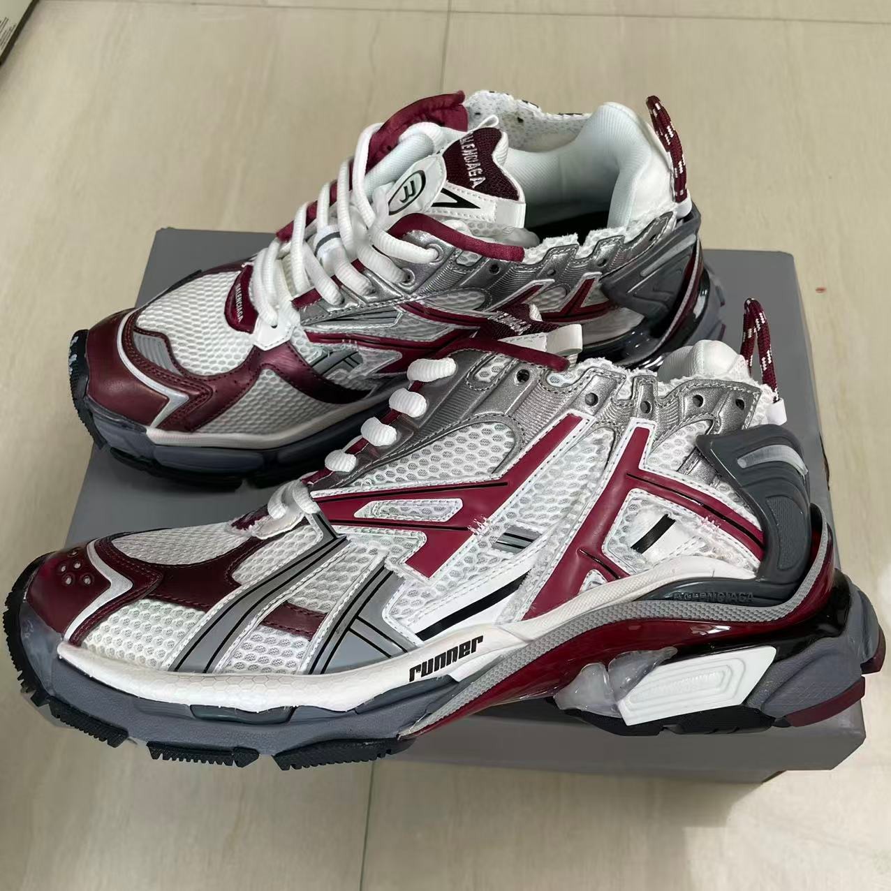 Balenciaga Runner white silver burgundy sneakers customer delivery proof