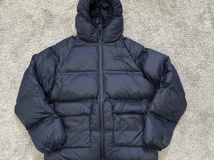 Ate Crop 90Down cropped puffer jacket — front view with hood up