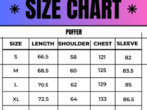 Ate Crop 90Down puffer jacket size chart (S, M, L, XL)